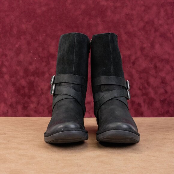 UGG Women Lorna Black Leather Waterproof Shearling Top Mid Calf Boots sz 8.5 - Picture 2 of 8